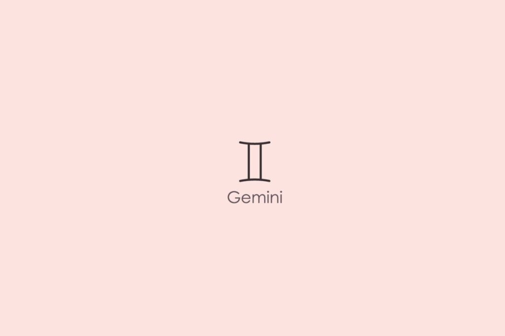 Ilustração do símbolo e nome do signo de gêmeos em inglês em fundo rosa
