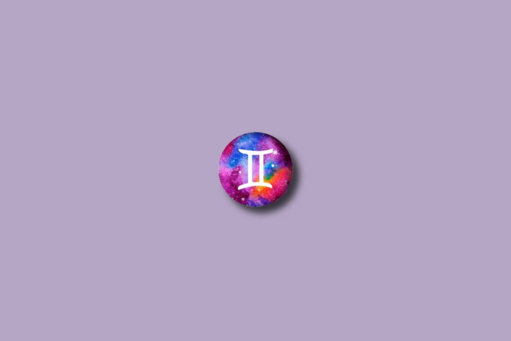 Ilustração do signo de gêmeos em um círculo colorido e sobre um fundo roxo