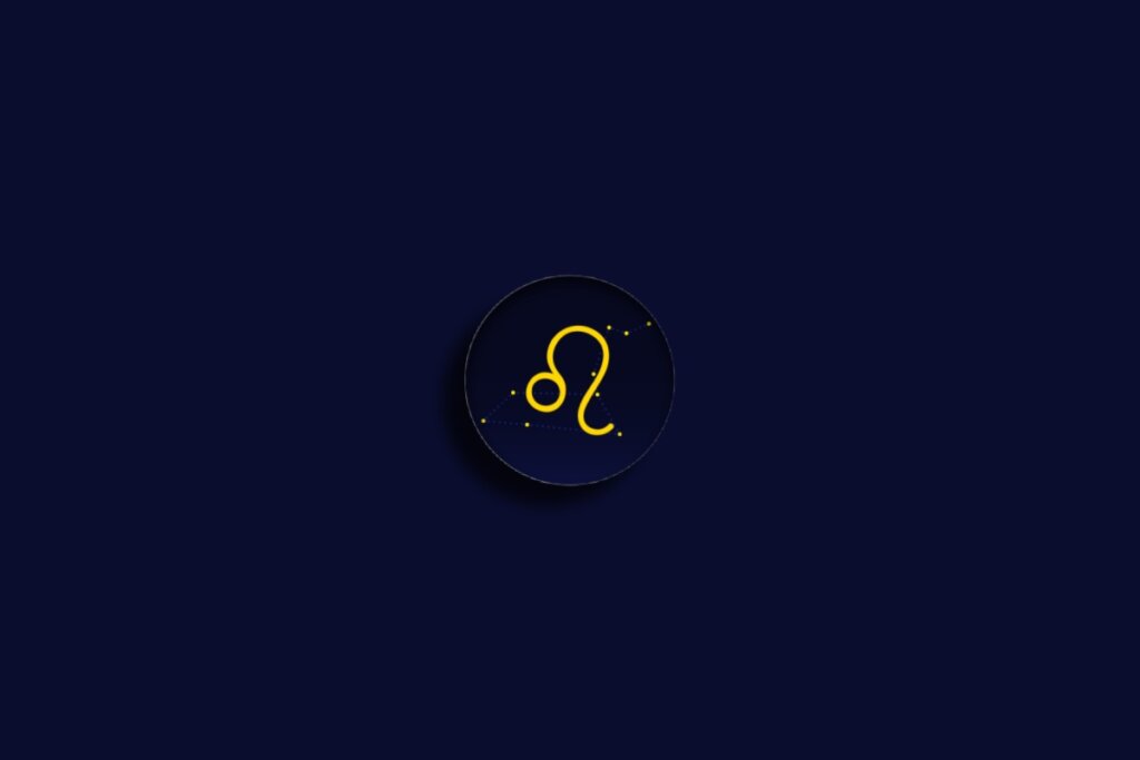 Ilustração do signo de leão em amarela sobre um fundo azul-escuro