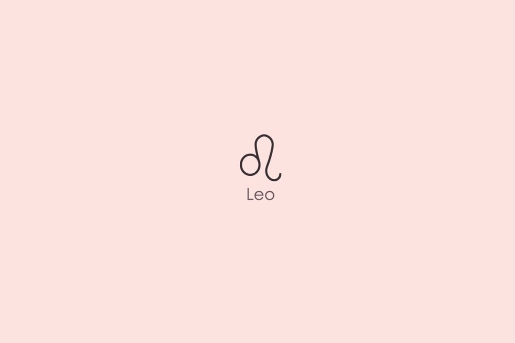 Ilustração do símbolo e nome do signo de leão em inglês em fundo rosa
