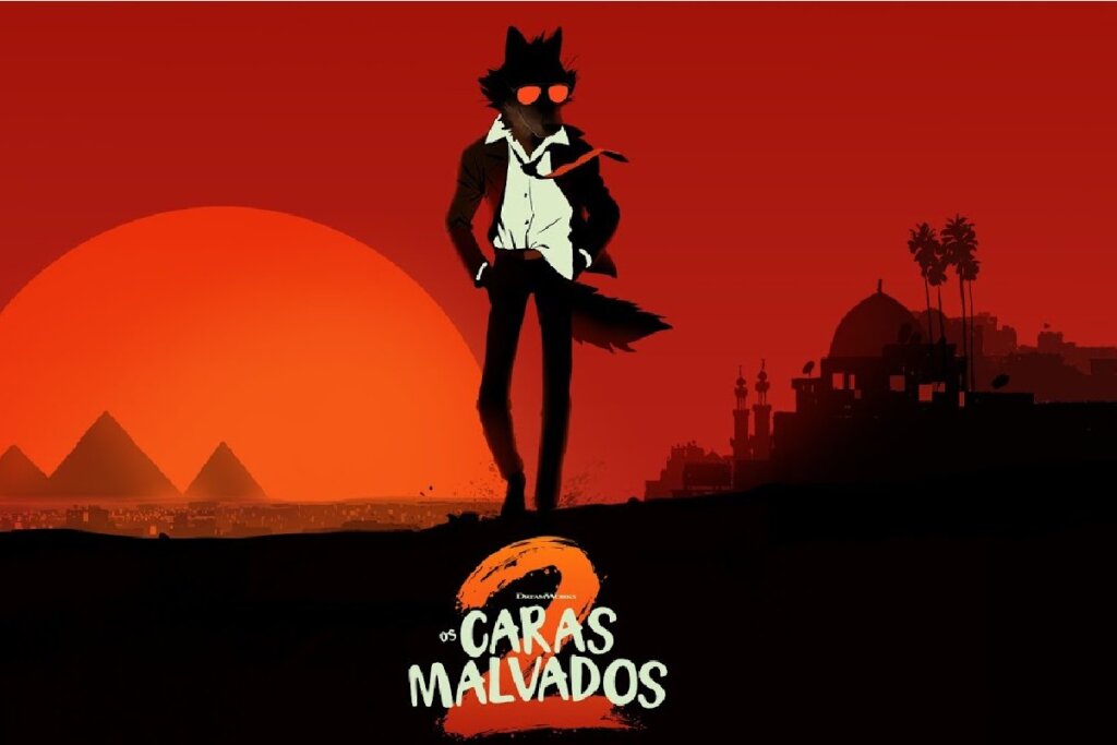 Pôster do filme "Os Caras Malvados 2" mostrando silhueta de lobo de terno em frente a um pôr do sol vermelho