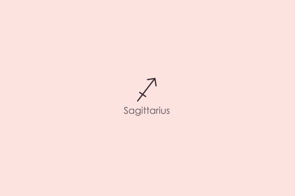 Ilustração do símbolo e nome do signo de sagitário em inglês em fundo rosa