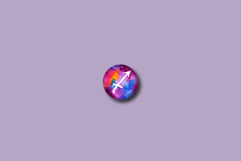 Ilustração do signo de sagitário em um círculo colorido e sobre um fundo roxo