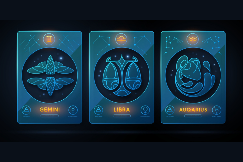 Símbolos dos signos de ar (Gêmeos, Libra e Aquário) em azul e laranja em fundo escuro