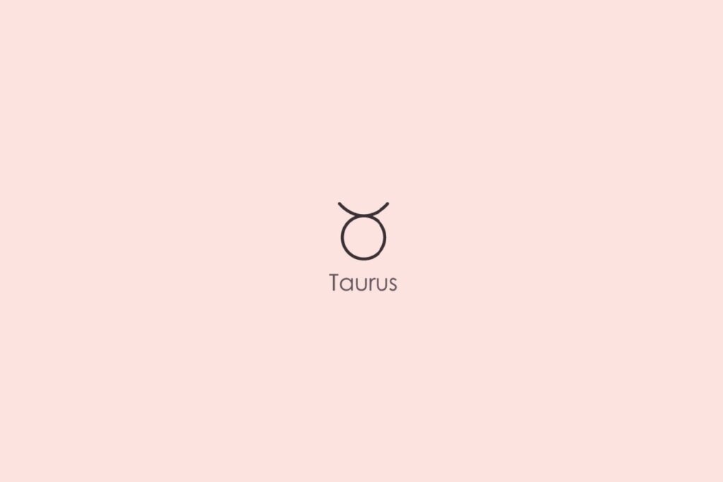 Ilustração do símbolo e nome do signo de touro em inglês em fundo rosa