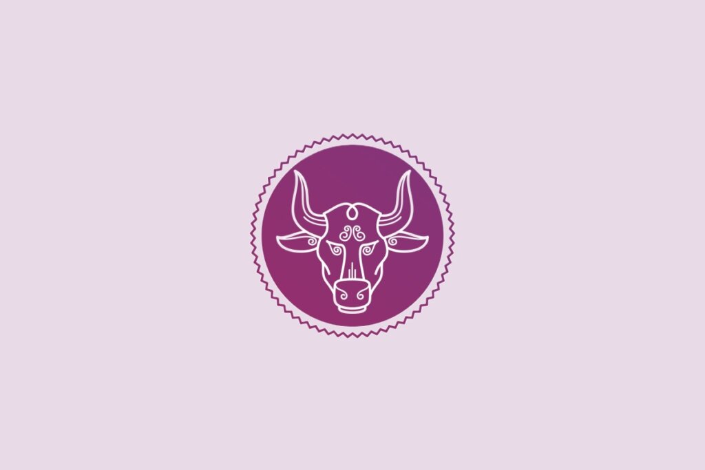 ilustração de um touro representando o signo de touro em círculo roxo em fundo lilás
