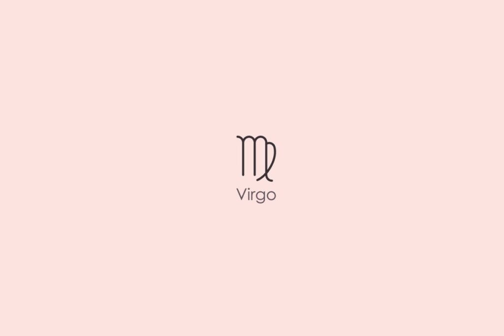 Ilustração do símbolo e nome do signo de virgem em inglês em fundo rosa